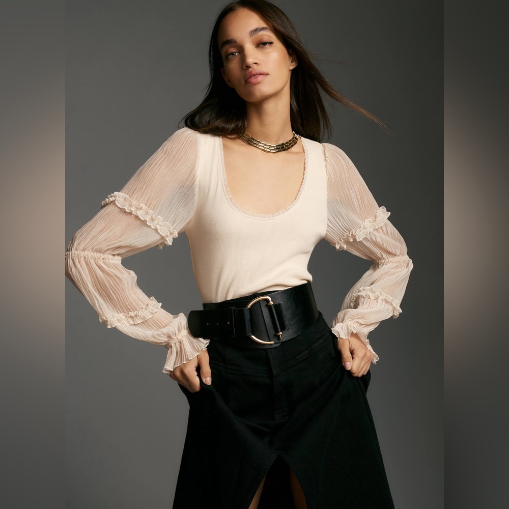 ANTHROPOLOGIE Long-Sleeve Victorian Ruffled Top - Cream